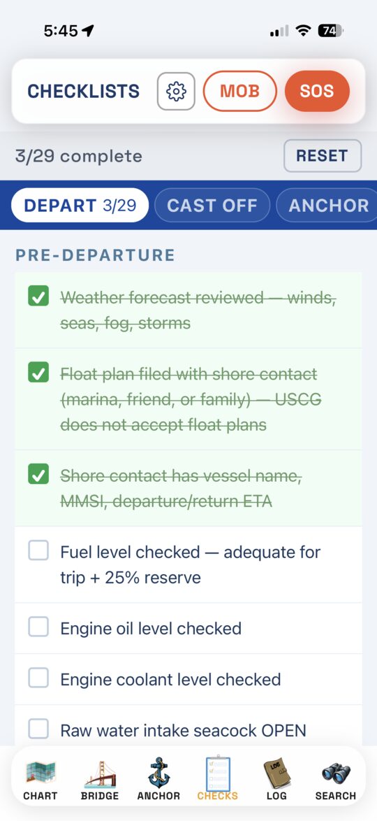 Pre-departure and storm prep checklists